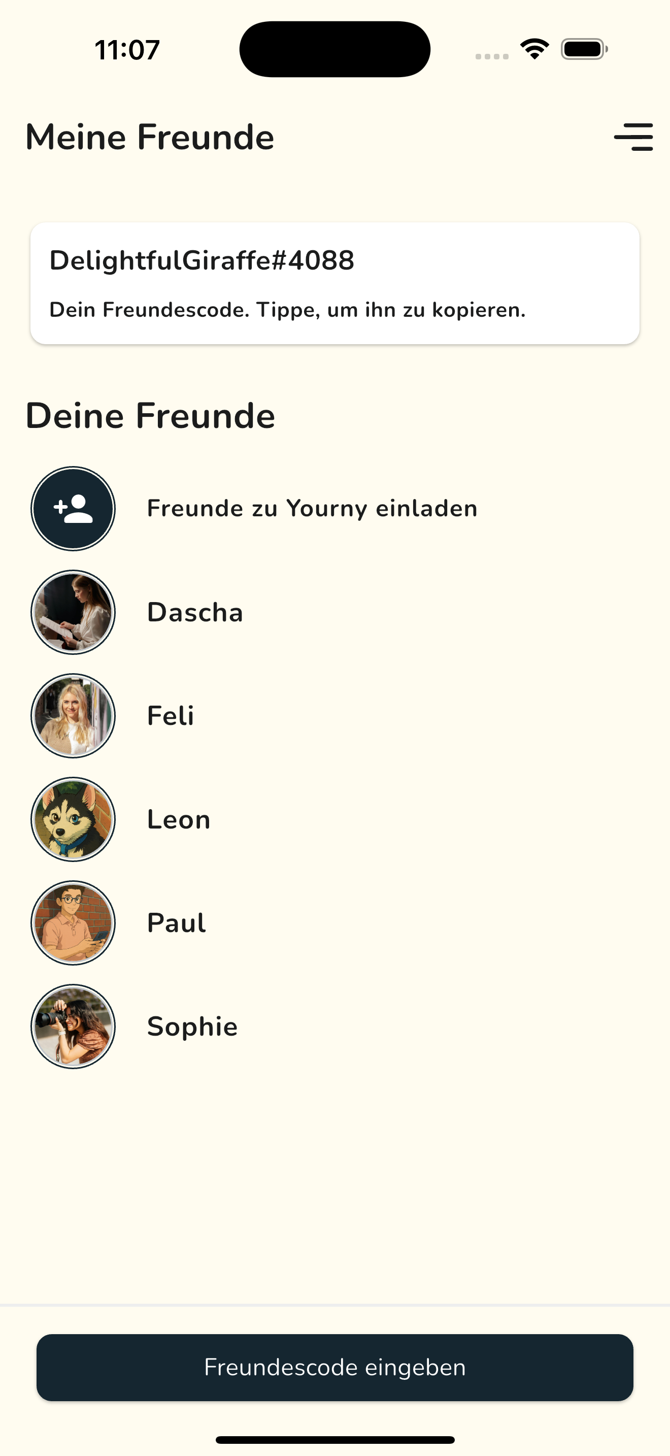 Yourny App - Freunde Liste